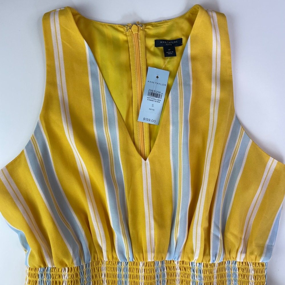 Ann Taylor Petite Yellow Striped Smocked Waist Maxi / Midi Dress SP 538367 NWT - Picture 6 of 11